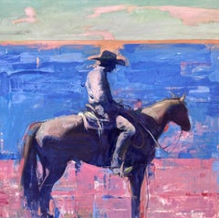 "Western 4" - Cowboy e cavallo in stile impressionista, ritratto a olio su tavola
