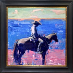 "Western 4" - Cowboy e cavallo in stile impressionista, ritratto a olio su tavola