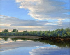 « Les saules le long de la rivière Laramie » - Paysage réaliste, peinture à l'huile sur toile de lin