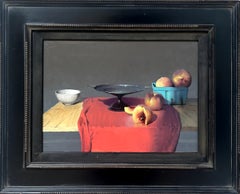 « Pêches » - Nature morte photoréaliste, peinture à l'huile sur panneau
