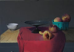 « Pêches » - Nature morte photoréaliste, peinture à l'huile sur panneau