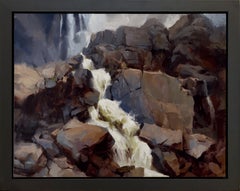 «Attrition» - Pintura al óleo contemporánea de una cascada y un paisaje de granito, 2025
