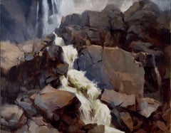 «Attrition» - Pintura al óleo contemporánea de una cascada y un paisaje de granito, 2025