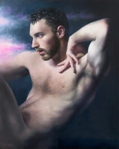 « Inhale » - Portrait réaliste d'un homme nu, peinture à l'huile sur panneau