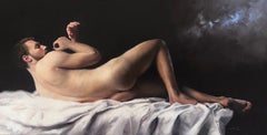 « Awaken » - Portrait réaliste d'un homme nu, peinture à l'huile sur panneau