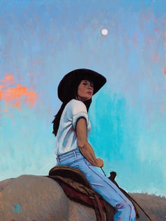 « Novembre » - Portrait réaliste et paysage céleste, peinture à l'huile sur toile