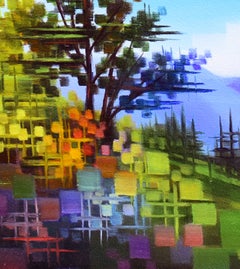 "A Colorful Afternoon" - Contemporary Mosaic Mountain Landscape Oil Painting