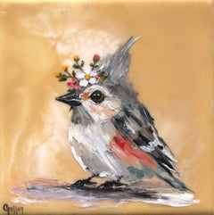 "Floriferous Bird, Study 3" - Contemporary Crested Songbird Encaustic Art