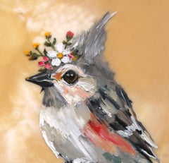 "Floriferous Bird, Study 3" - Contemporary Crested Songbird Encaustic Art