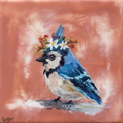 «Pájaro florido, Estudio 5» - Obra contemporánea en encáustica de un pájaro cantor azul