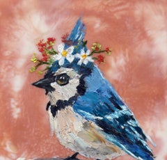 «Pájaro florido, Estudio 5» - Obra contemporánea en encáustica de un pájaro cantor azul