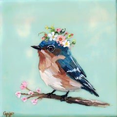 «Pájaro florido, Estudio 6» - Pintura encaústica contemporánea de un pájaro cantor