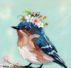 «Pájaro florido, Estudio 6» - Pintura encaústica contemporánea de un pájaro cantor