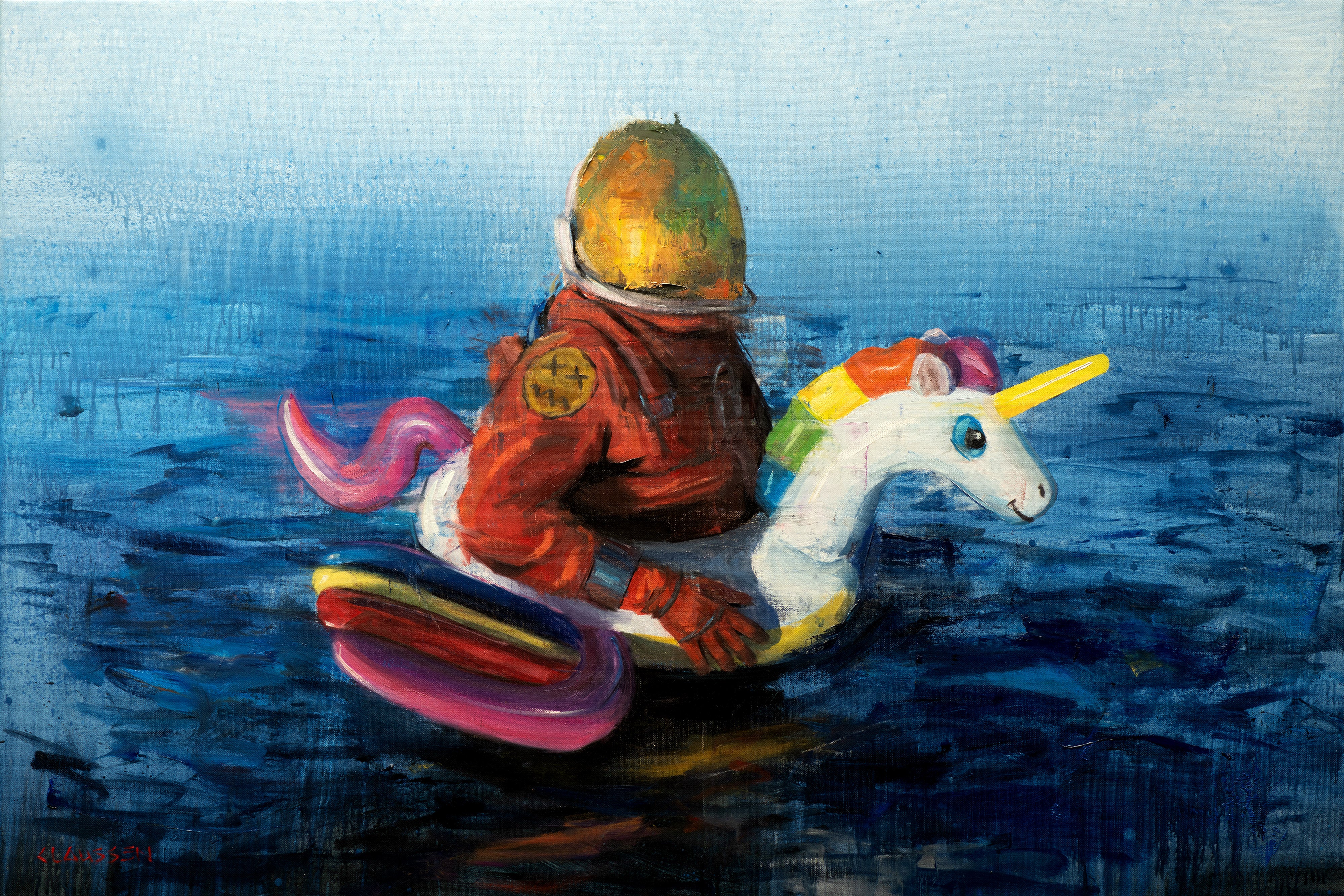 Andreas Claussen Figurative Painting - "We Are Unique under This Sky" - Surrealist Oil Painting on Canvas
