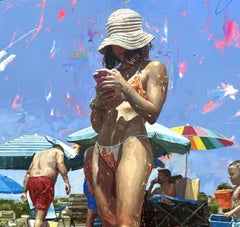 «Día de playa» – Retrato femenino y paisaje impresionistas, pintura al óleo