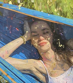 «Blue Hammock» - Retrato femenino y naturaleza muerta impresionistas, pintura al óleo