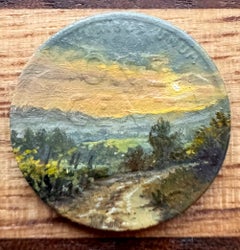 „1948D“ – Miniaturlandschaft und Himmelsansicht, Ölgemälde auf einer Münze