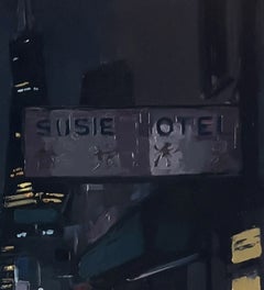 "Susie Hotel" - Original Cityscape Oil Painting on Wood Panel