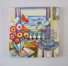 "Interior with Parakeet" - Contemporary Still-Life, Oil Painting on Canvas