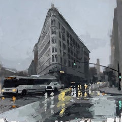 "Art Deco Downtown" - Impressionist Cityscape Oil Painting on Wood Panel