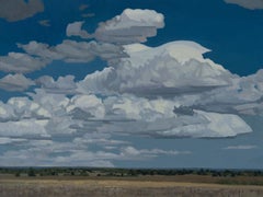 „Gathering Form“ – Realistisches Gemälde mit Cumuluswolken über Ackerland