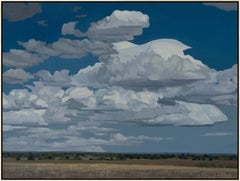 „Gathering Form“ – Realistisches Gemälde mit Cumuluswolken über Ackerland
