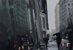 "On the Edge of Real Life" - Impressionist Cityscape, Oil Painting on Wood Panel