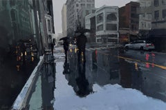 "On the Edge of Real Life" - Impressionist Cityscape, Oil Painting on Wood Panel