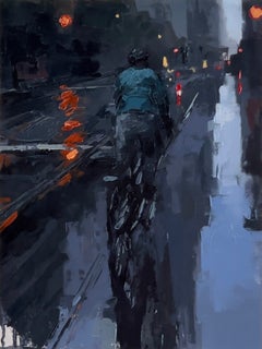 "Bike or Bust" - Impressionist Cityscape, Oil Painting on Wood Panel