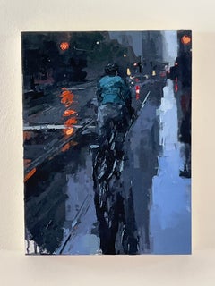 "Bike or Bust" - Impressionist Cityscape, Oil Painting on Wood Panel
