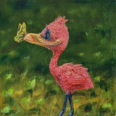 "Find Friends" - Contemporary Pink Bird and Butterfly Oil Painting, 2026