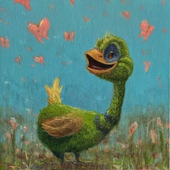 "Find Love" - Contemporary Green Bird with Hearts Oil Painting, 2026