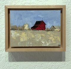 «Campos ocres con granero» - Pintura al óleo de un granero rojo, 2026