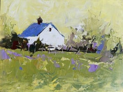 «Blue Roof» - Cuadro al óleo contemporáneo que representa un granero blanco en un paisaje, 2026