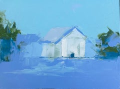 «Blue Light» - Pintura al óleo contemporánea de un granero blanco, 2026