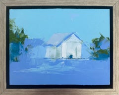 «Blue Light» - Pintura al óleo contemporánea de un granero blanco, 2026