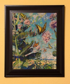 « Papillons machaons et monarques » - Nature morte florale expressionniste, peinture au pastel