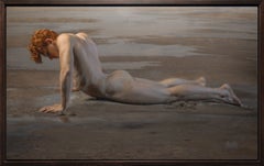 « Narcissus » – Portrait figuratif d'un homme nu et paysage, peinture à l'huile