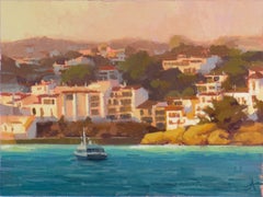 „A Hora Májica“ – Gouache-Gemälde einer modernen Küsten- und Hafenstadt, 2024