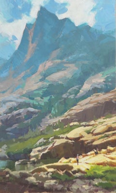 „Am Fuße der Größe“ – Zeitgenössisches Gouache-Gemälde eines Berggipfels, 2024