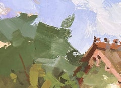 „Duck Island Charm“ – Gouache-Gemälde eines modernen Londoner Gartenhäuschens, 2024