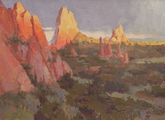 "Olympus" - Dipinto a guazzo che raffigura un paesaggio desertico contemporaneo con guglie di roccia rossa, 2024