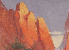 "Olympus" - Dipinto a guazzo che raffigura un paesaggio desertico contemporaneo con guglie di roccia rossa, 2024