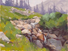 "Primavera" - Dipinto a guazzo contemporaneo raffigurante un prato di montagna e massi, 2025