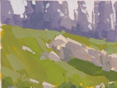 "Primavera" - Dipinto a guazzo contemporaneo raffigurante un prato di montagna e massi, 2025