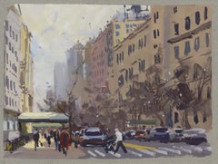 « Upper East Side Sunshine » - Peinture contemporaine à la gouache représentant une rue de New York, 2023