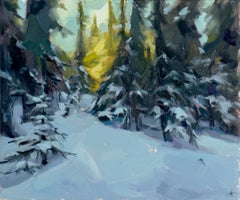 „Vanishing Point“ – Zeitgenössisches Ölgemälde einer verschneiten Waldlandschaft, 2025