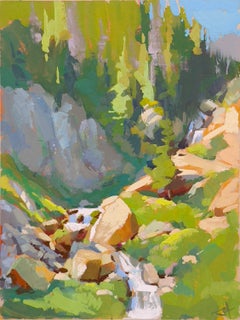 «With the Flow» - Pintura contemporánea al gouache de un paisaje de un arroyo de montaña, 2025