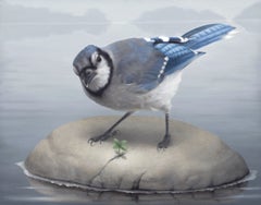 „Blue Jay“ – zeitgenössisches, realistisch gehaltenes Vogel-Ölgemälde auf Holztafel, 2021