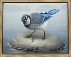„Blue Jay“ – zeitgenössisches, realistisch gehaltenes Vogel-Ölgemälde auf Holztafel, 2021